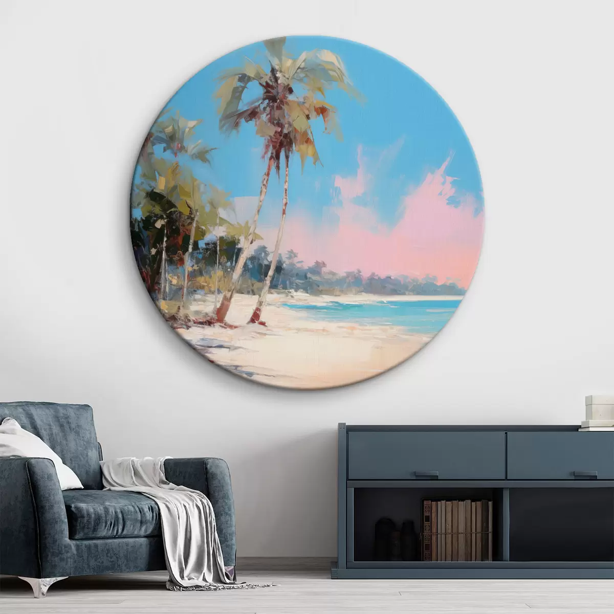 Tableaux rondes Plage tropicale abstraite avec sable blanc et palmiers, ciel bleu avec nuages blancs r46285