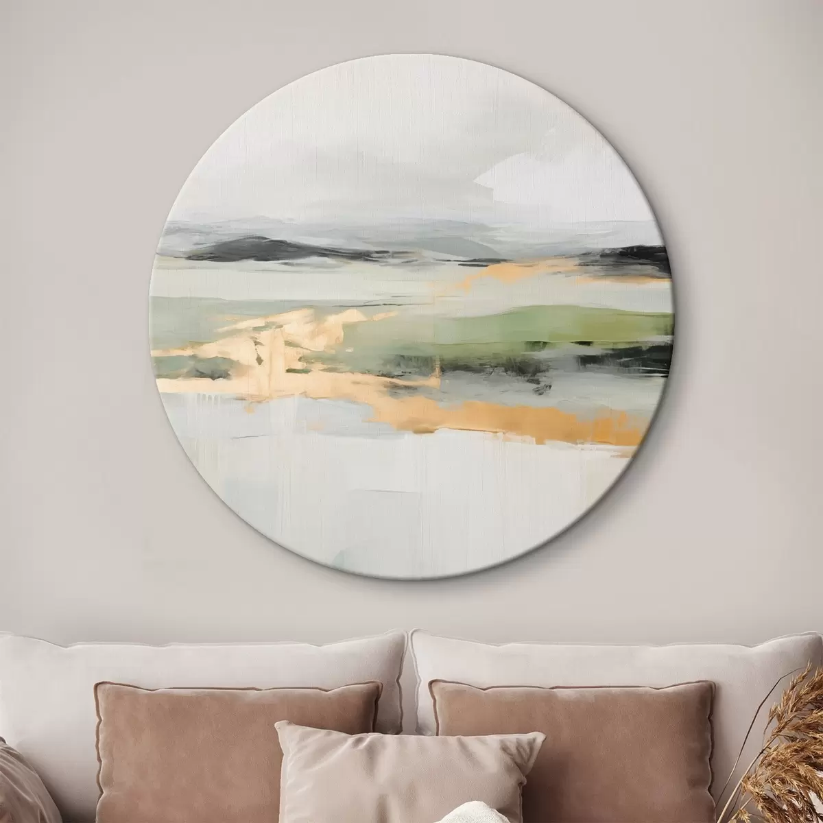Tableaux rondes Paysage abstrait avec des accents jaunes, une composition minimaliste de terre, d'eau et de ciel, avec des couleurs douces r46269