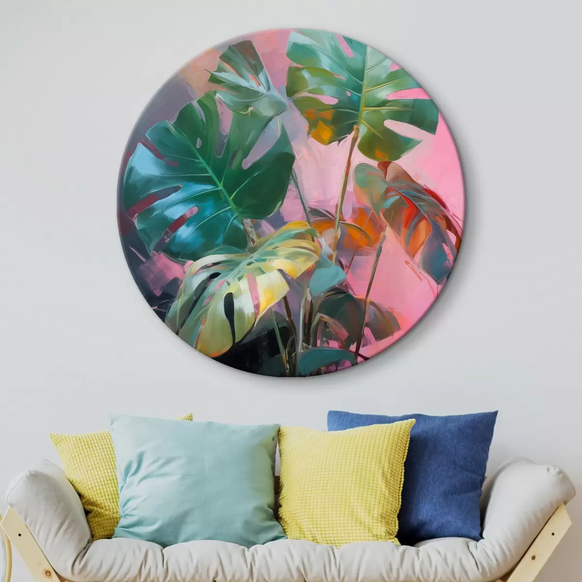 Tableaux rondes Plante abstraite monstera aux feuilles d'un vert éclatant, sur fond de douces teintes roses et violettes r46286