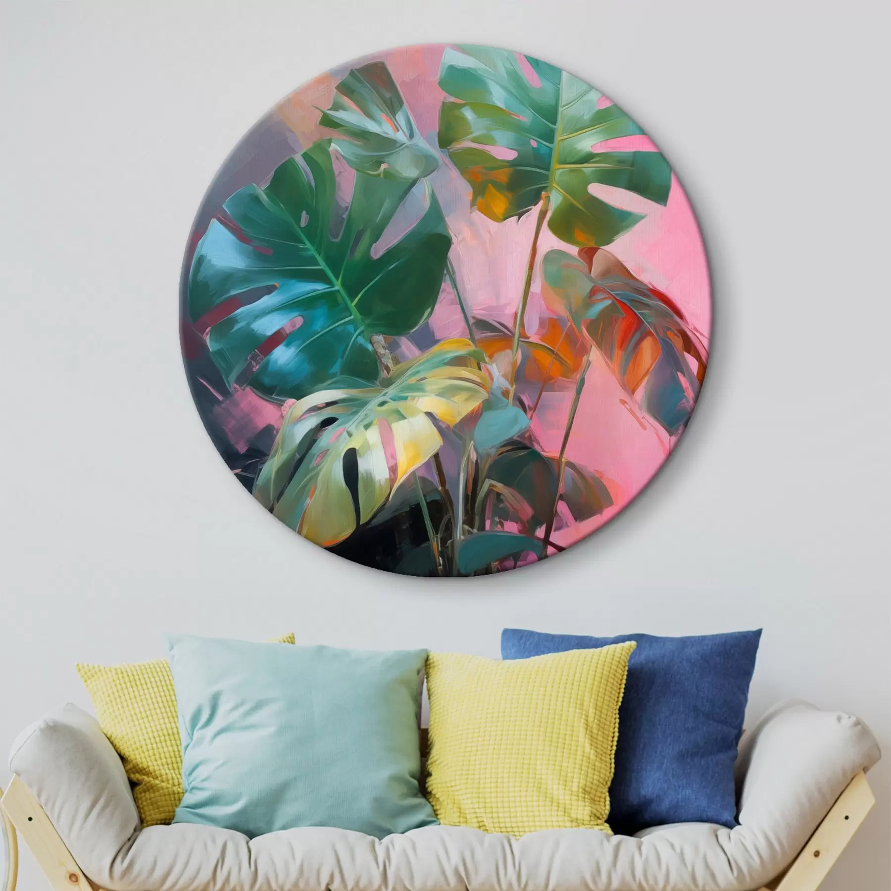 Tableau Plante abstraite monstera aux feuilles d'un vert éclatant, sur fond de douces teintes roses et violettes r46286