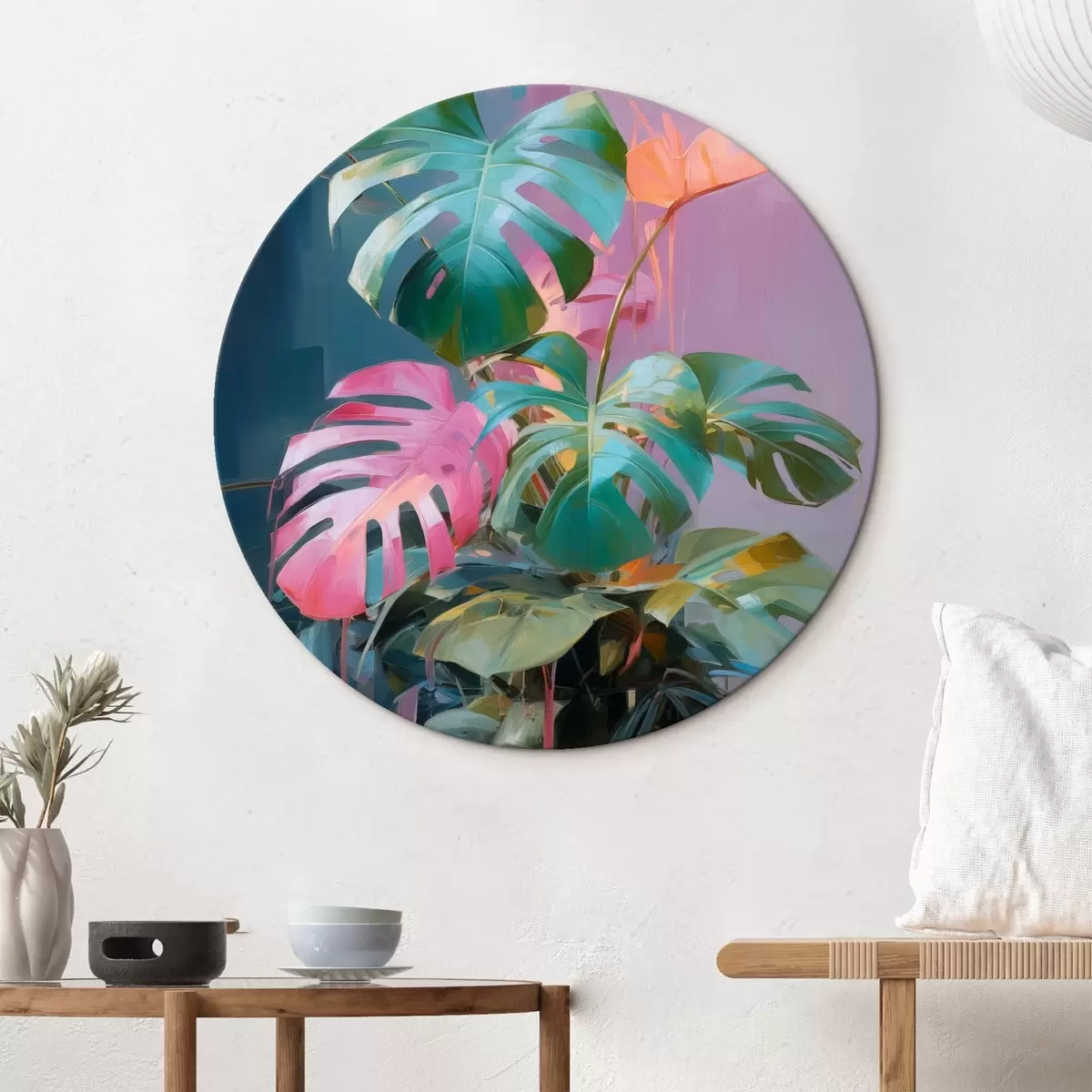Tableaux rondes Plante abstraite monstera aux feuilles roses et vertes, aux couleurs vives, sur fond flou r46287