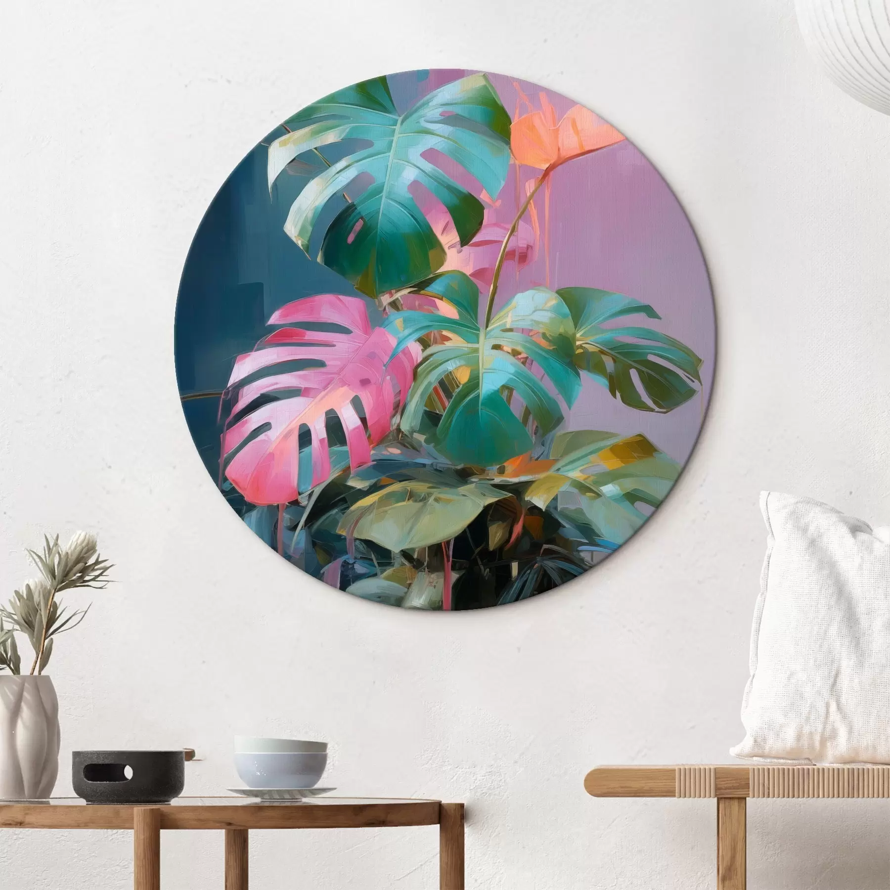 Tableau Plante abstraite monstera aux feuilles roses et vertes, aux couleurs vives, sur fond flou r46287