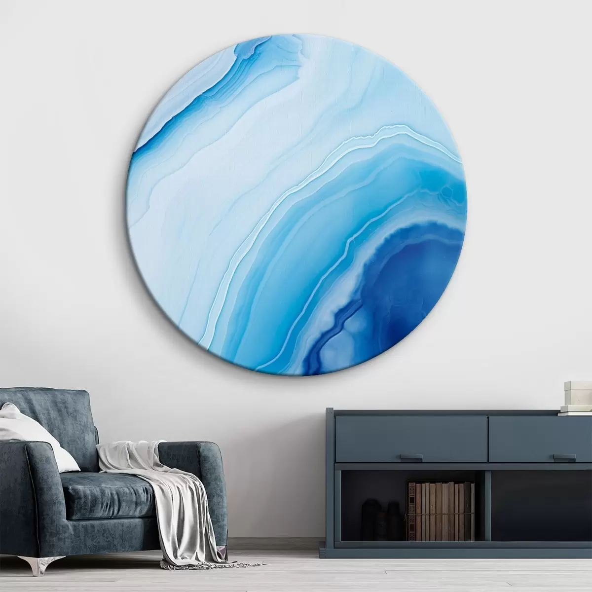 Tableaux rondes Imprimé abstrait bleu et blanc agate, lignes tourbillonnantes et dégradés, texture lisse, art moderne, minimaliste r46290