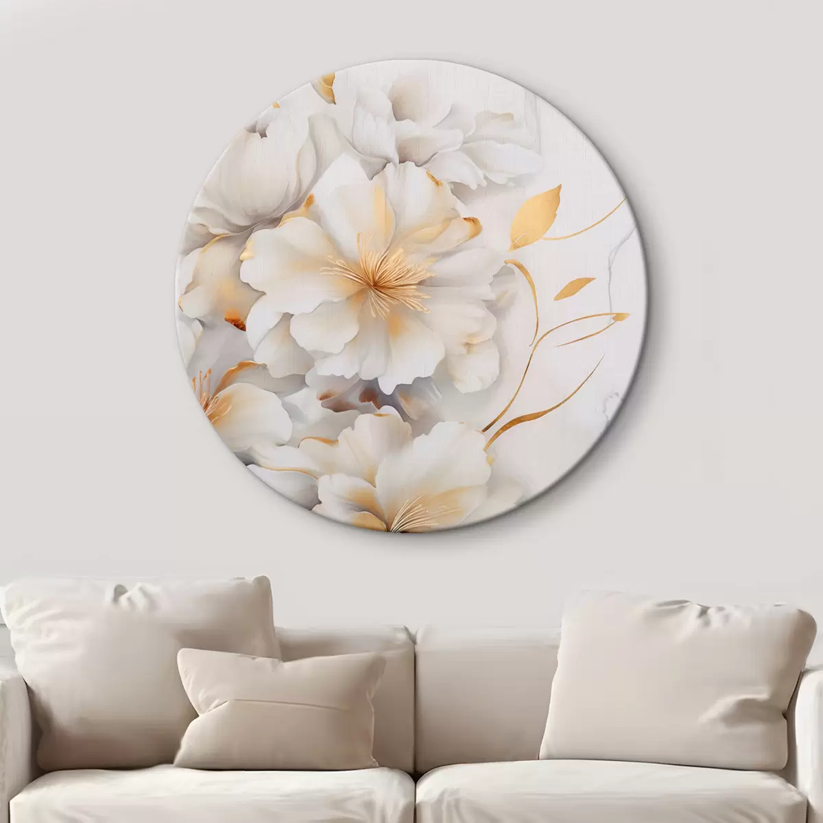 Tableaux rondes Fleurs blanches avec des détails jaunes, pétales avec des ombres subtiles, fond clair avec un effet marbré subtil r46292