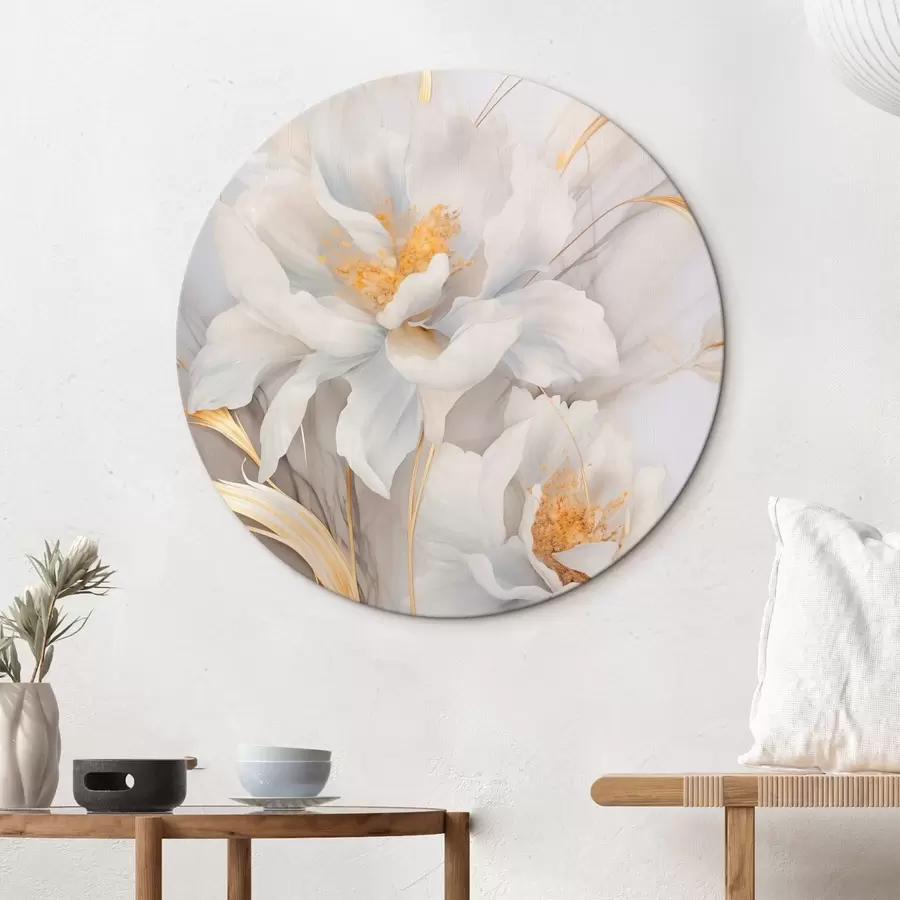 Tableau Fleurs blanches avec pistils et tiges jaunes, pétales délicats, composition élégante, fond neutre r46293