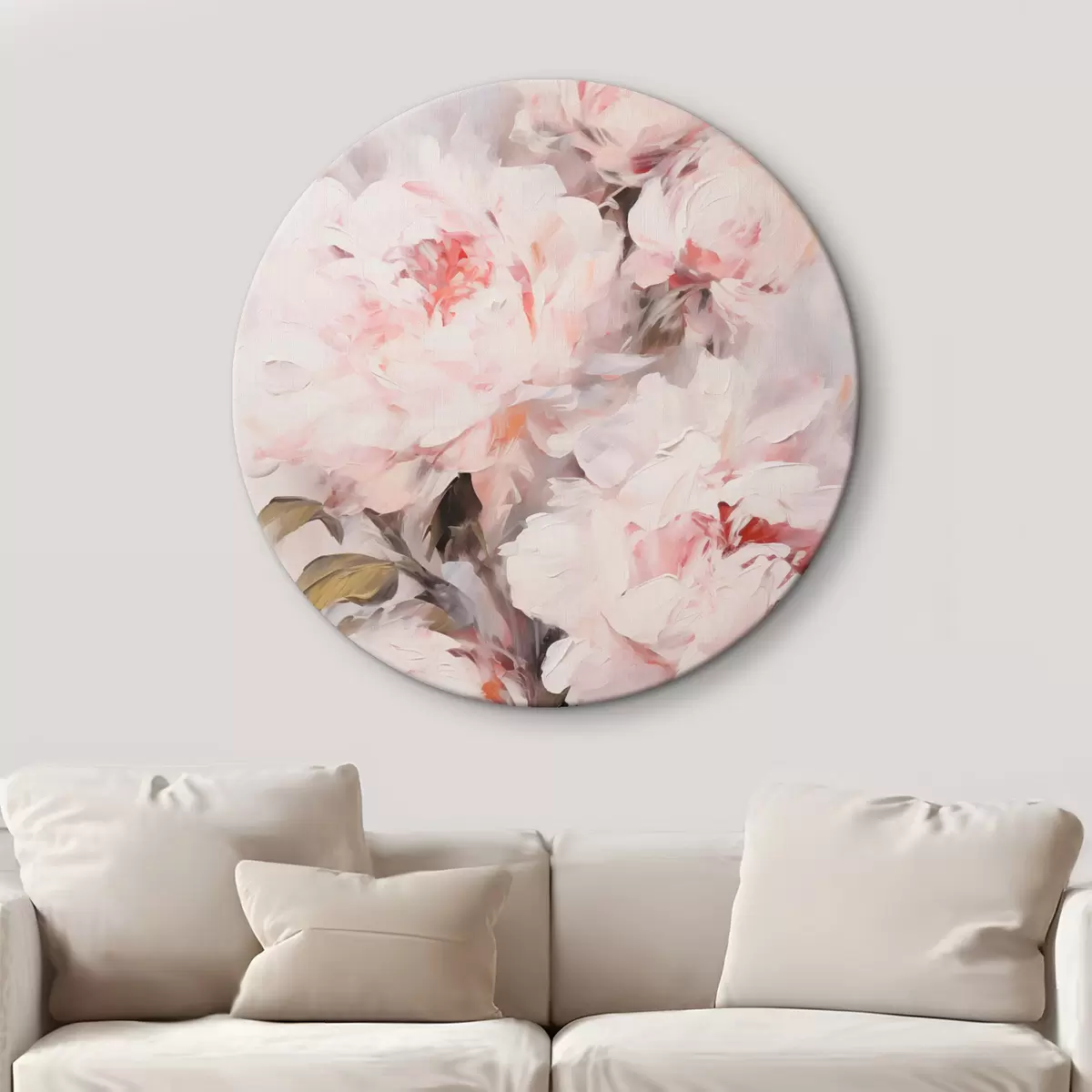 Tableaux rondes Bouquet de pivoines rose pâle avec des feuilles vertes, coups de pinceau doux, couleurs pastel, sur fond clair r46294