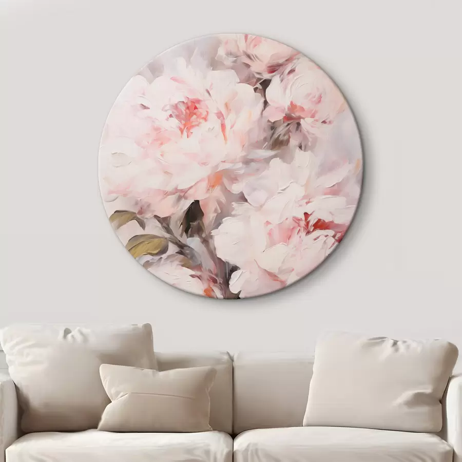 Tableau Bouquet de pivoines rose pâle avec des feuilles vertes, coups de pinceau doux, couleurs pastel, sur fond clair r46294