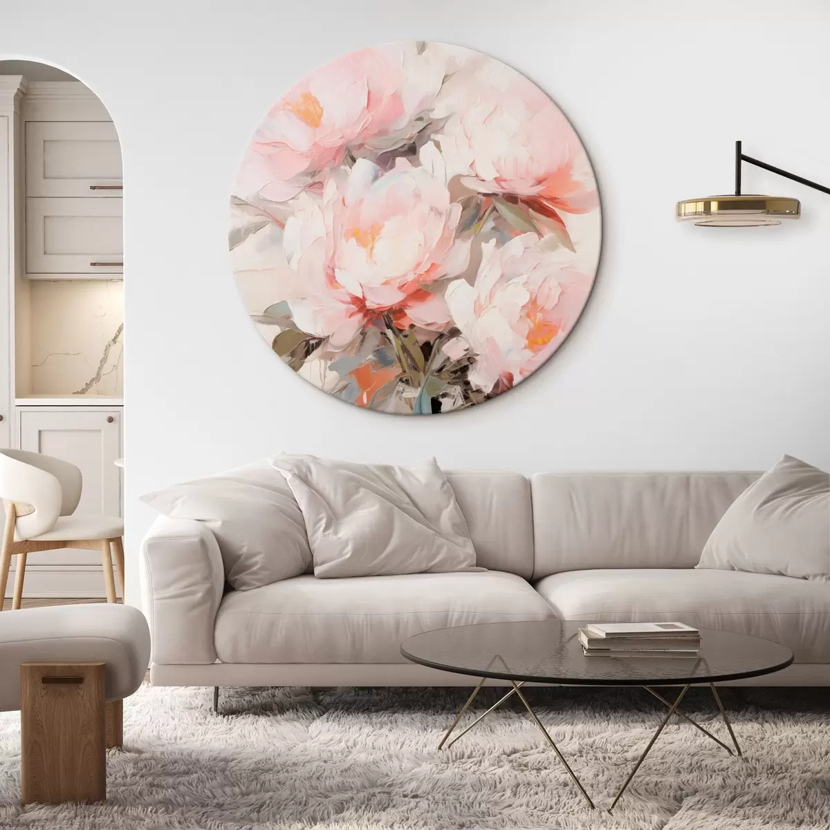Tableaux rondes Bouquet de pivoines roses et blanches dans un vase en verre, coups de pinceau doux, couleurs pastel, fond neutre r46295