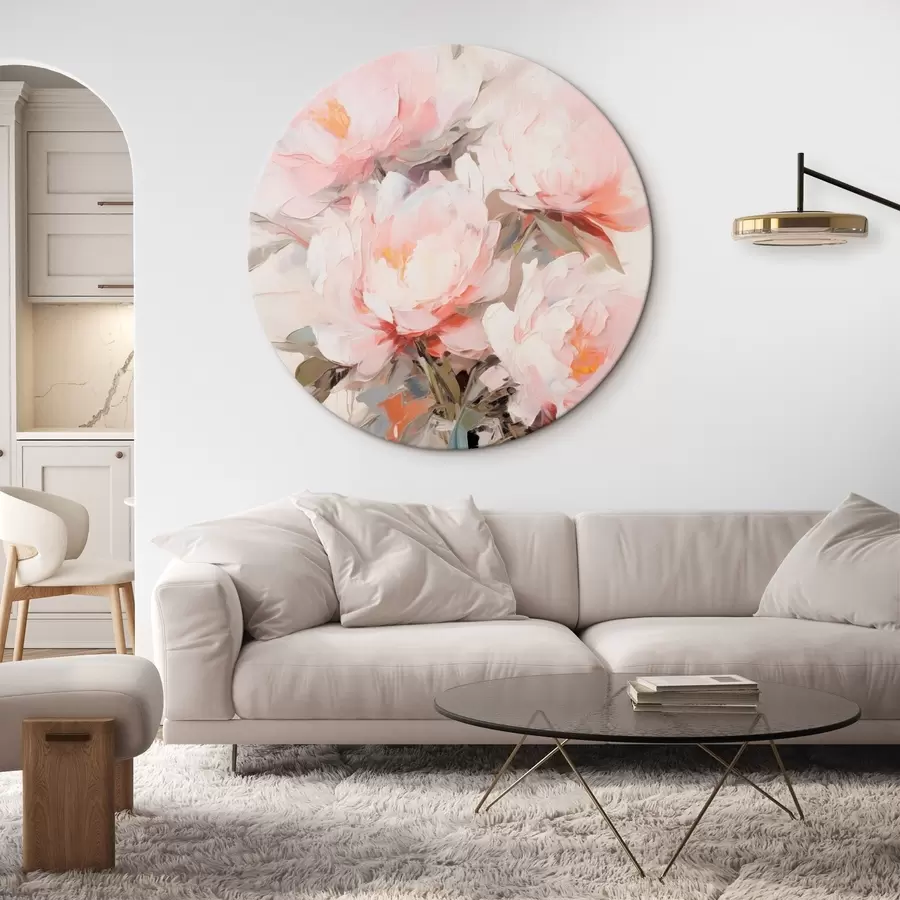 Tableau Bouquet de pivoines roses et blanches dans un vase en verre, coups de pinceau doux, couleurs pastel, fond neutre r46295