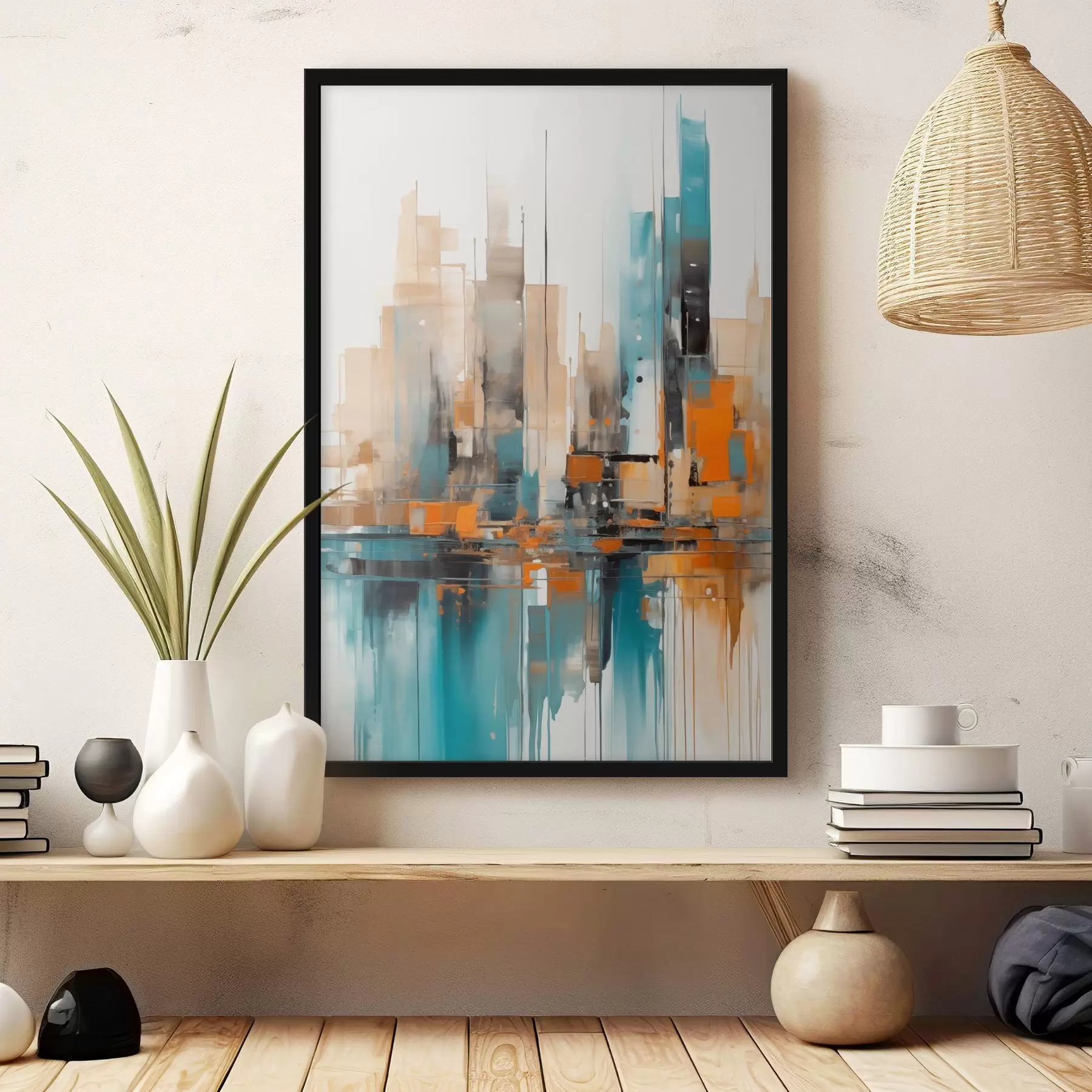 Papier peint Paysage urbain abstrait avec des touches de couleur orange, bleu sarcelle et marron, des coups de pinceau verticaux et des formes géométriques f46266