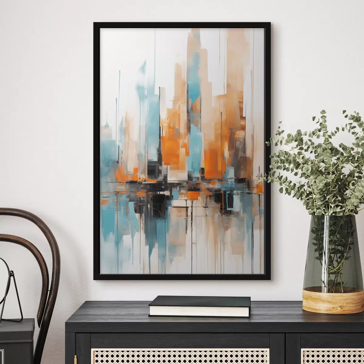 Poster Paysage urbain abstrait avec des coups de pinceau verticaux dans des tons orange, bleu et blanc, style pictural f46267