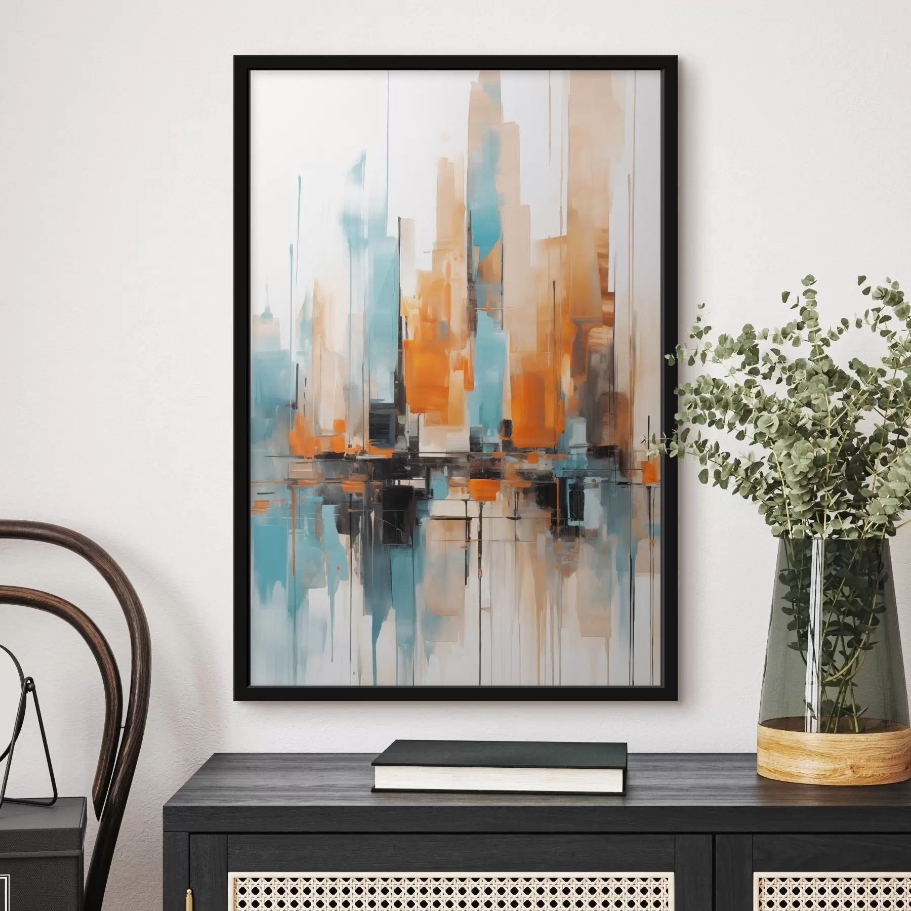 Papier peint Paysage urbain abstrait avec des coups de pinceau verticaux dans des tons orange, bleu et blanc, style pictural f46267