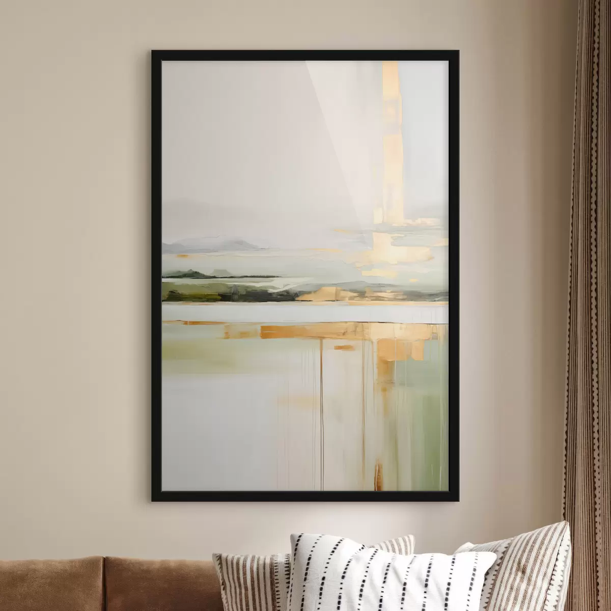 Poster Paysage abstrait avec des accents jaunes, une composition minimaliste de terre, d'eau et de ciel, avec des couleurs douces f46268
