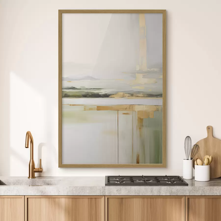 Papier peint Paysage abstrait avec des accents jaunes, une composition minimaliste de terre, d'eau et de ciel, avec des couleurs douces f46268