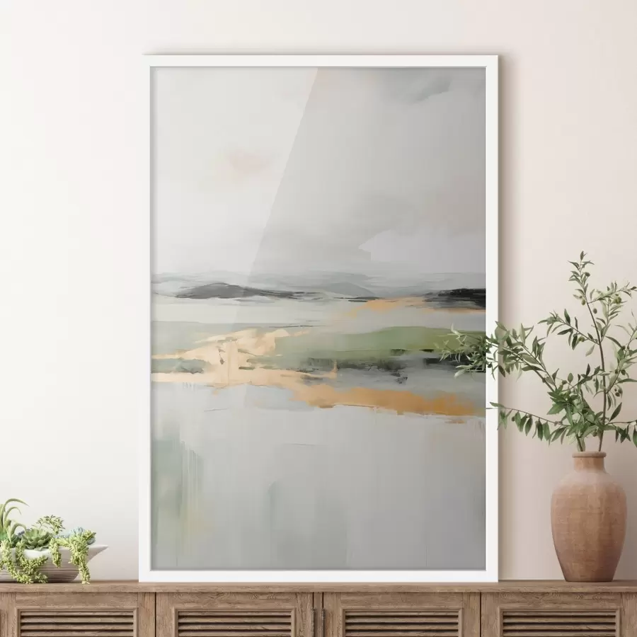 Papier peint Paysage abstrait avec des accents jaunes, une composition minimaliste de terre, d'eau et de ciel, avec des couleurs douces f46269
