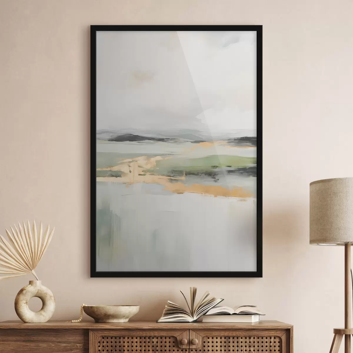 Poster Paysage abstrait avec des accents jaunes, une composition minimaliste de terre, d'eau et de ciel, avec des couleurs douces f46269
