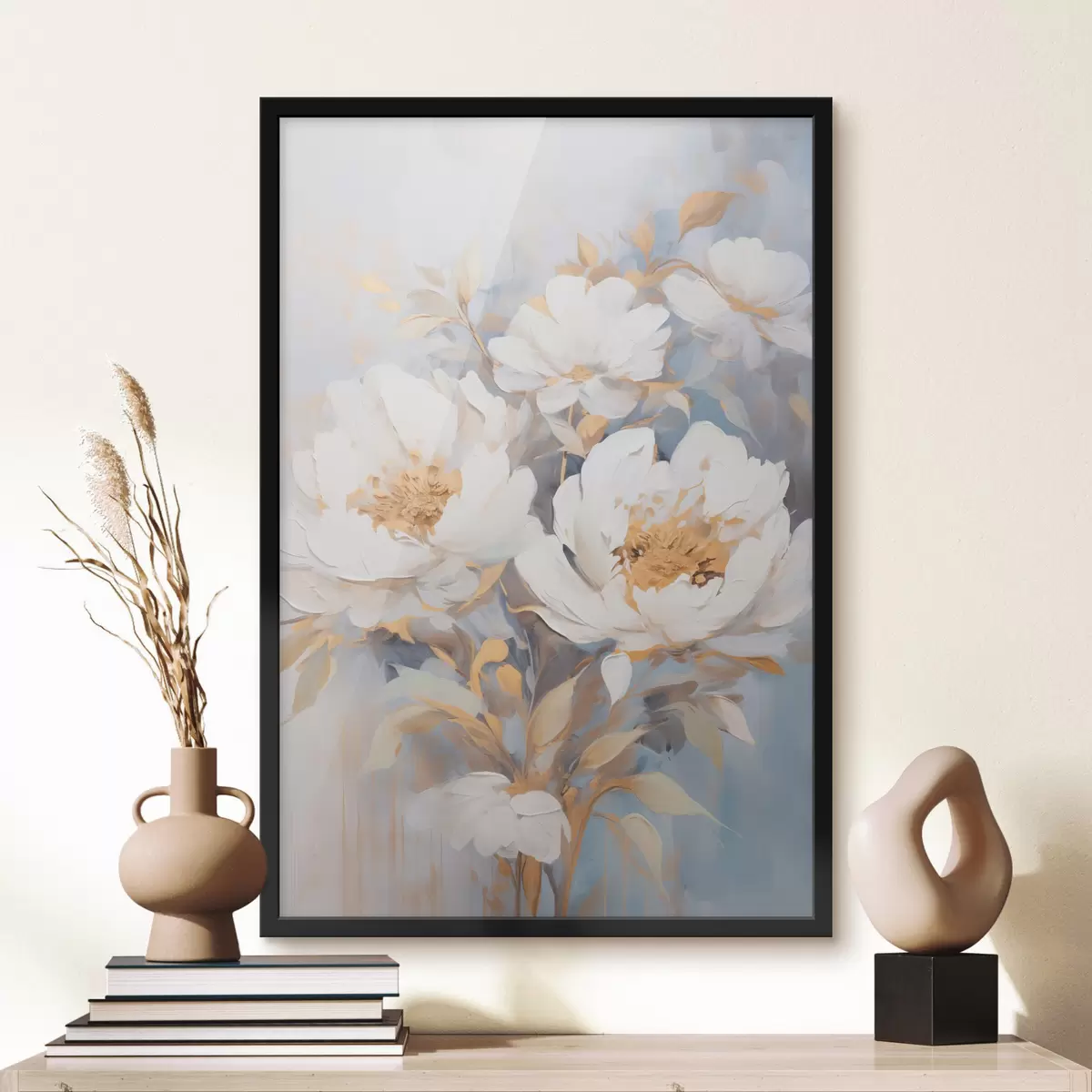 Poster Pivoines blanches avec cœur et feuilles bleus, coups de pinceau doux, fond bleu clair, composition florale f46270