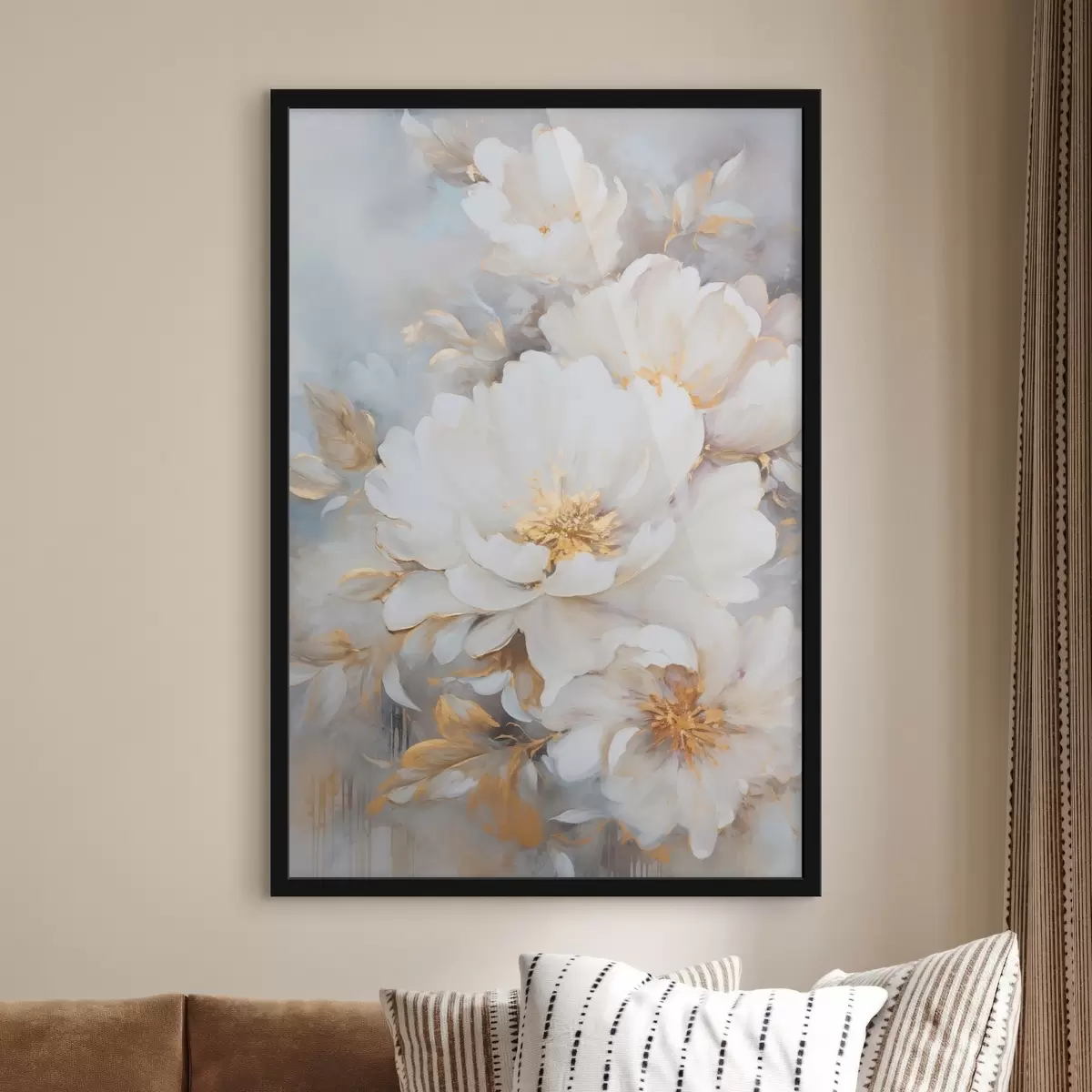 Poster Pivoines blanches avec cœur et feuilles bleus, coups de pinceau doux, fond bleu clair, composition florale f46271