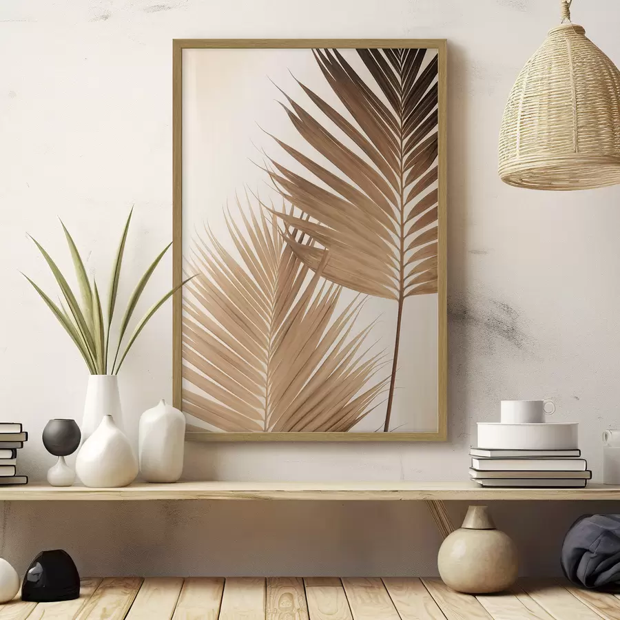 Papier peint Feuilles de palmier dans des tons bruns, fond neutre, style minimaliste, éclairage naturel, ambiance tropicale f46274