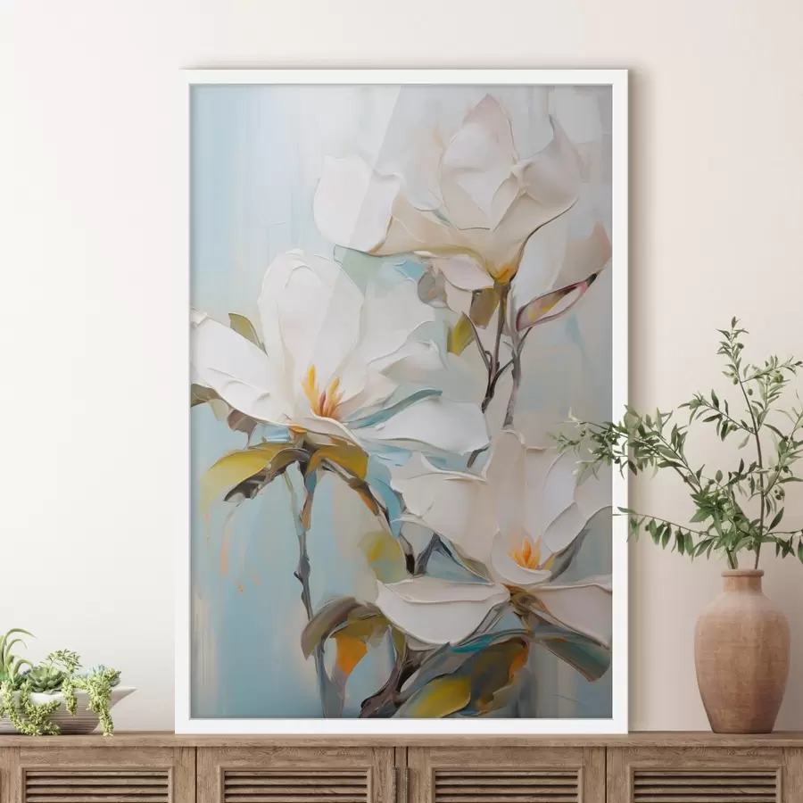 Papier peint Fleurs de magnolia blanches, fond bleu clair avec des coups de pinceau doux, style peinture à l'huile, texture impasto f46276