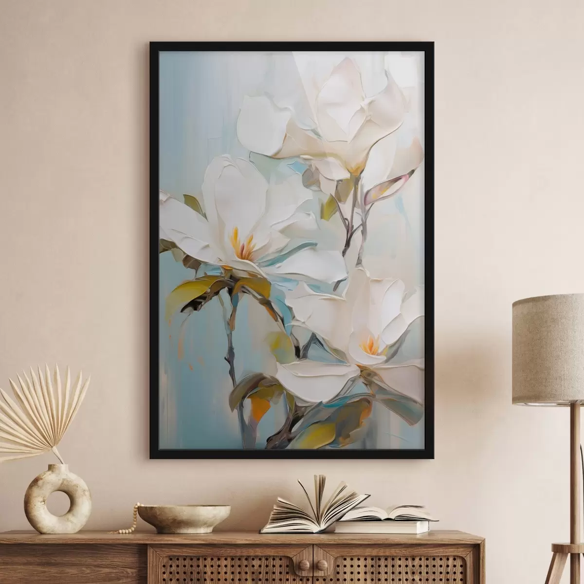 Poster Fleurs de magnolia blanches, fond bleu clair avec des coups de pinceau doux, style peinture à l'huile, texture impasto f46276