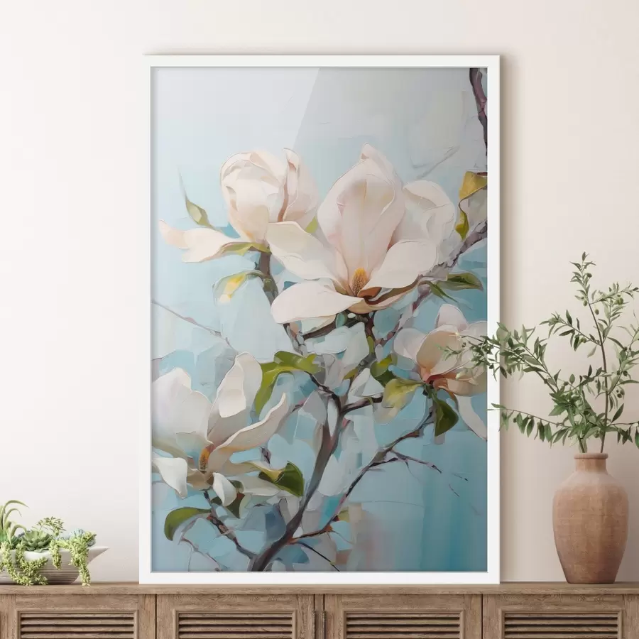 Papier peint Fleurs de magnolia blanches, fond bleu clair avec des coups de pinceau doux, style peinture à l'huile, texture impasto f46277