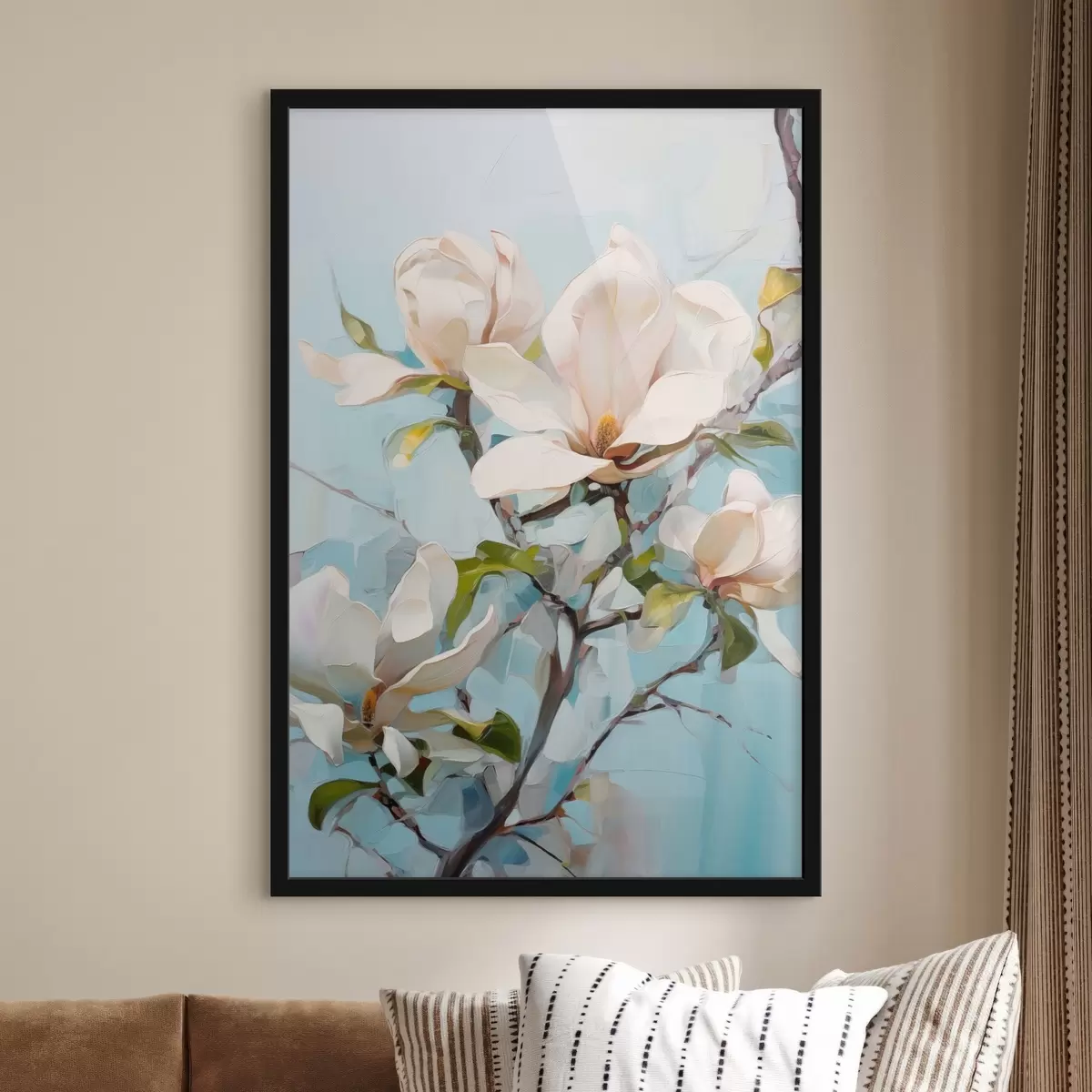 Poster Fleurs de magnolia blanches, fond bleu clair avec des coups de pinceau doux, style peinture à l'huile, texture impasto f46277
