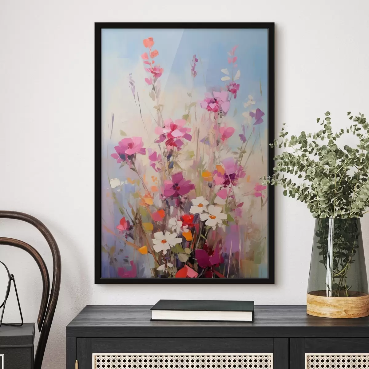 Poster Des fleurs roses, blanches et vertes éclatantes sur un fond pastel doux f46278