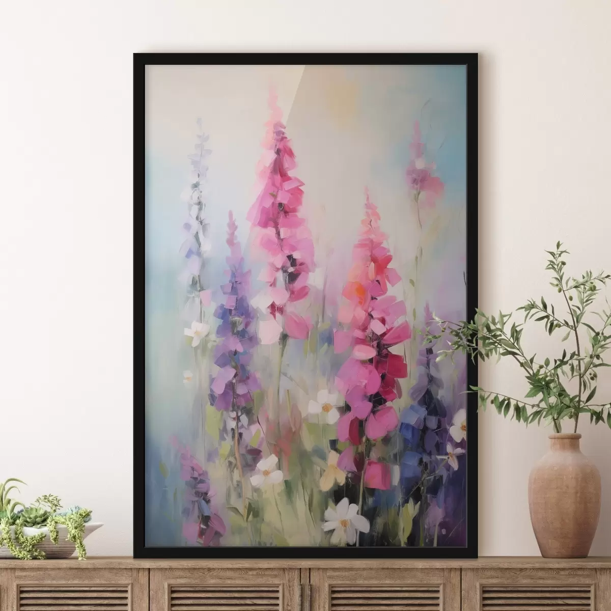 Poster Fleurs roses et violettes avec des marguerites blanches dans un champ, coups de pinceau doux, couleurs pastel, style impressionniste f46279