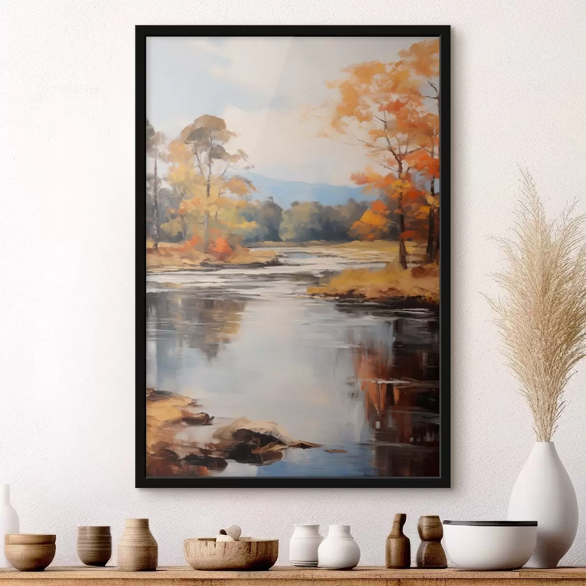 Poster Paysage avec une rivière traversant une forêt en automne, arbres jaunes et orange, style pictural f46281