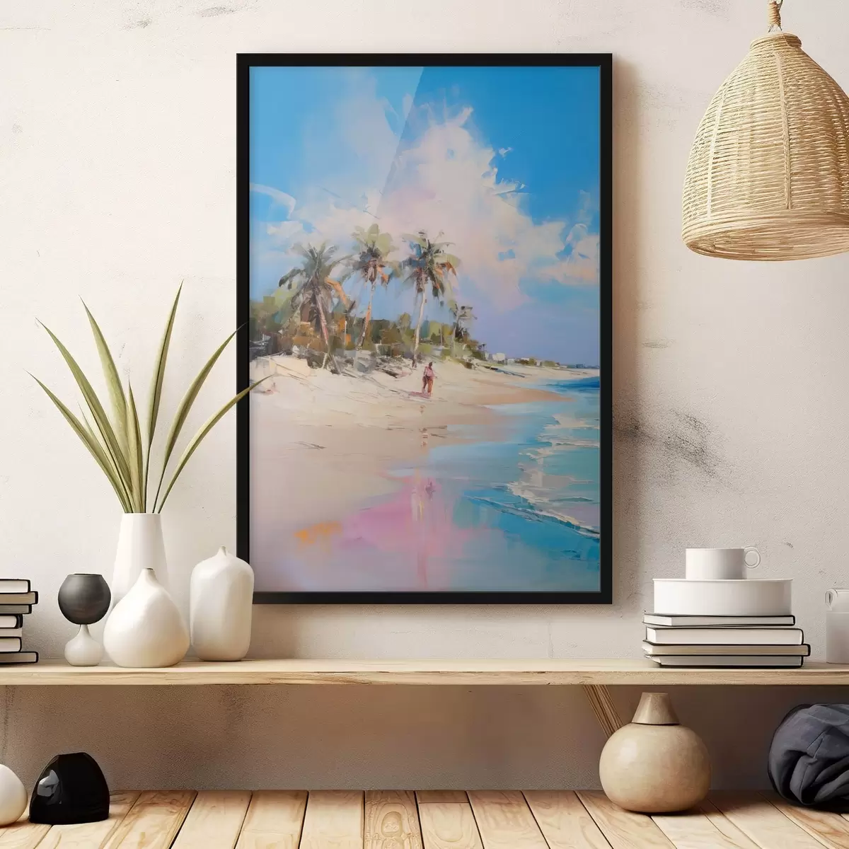 Poster Paysage abstrait, une plage avec des palmiers, une journée ensoleillée avec un ciel bleu et quelques nuages f46284