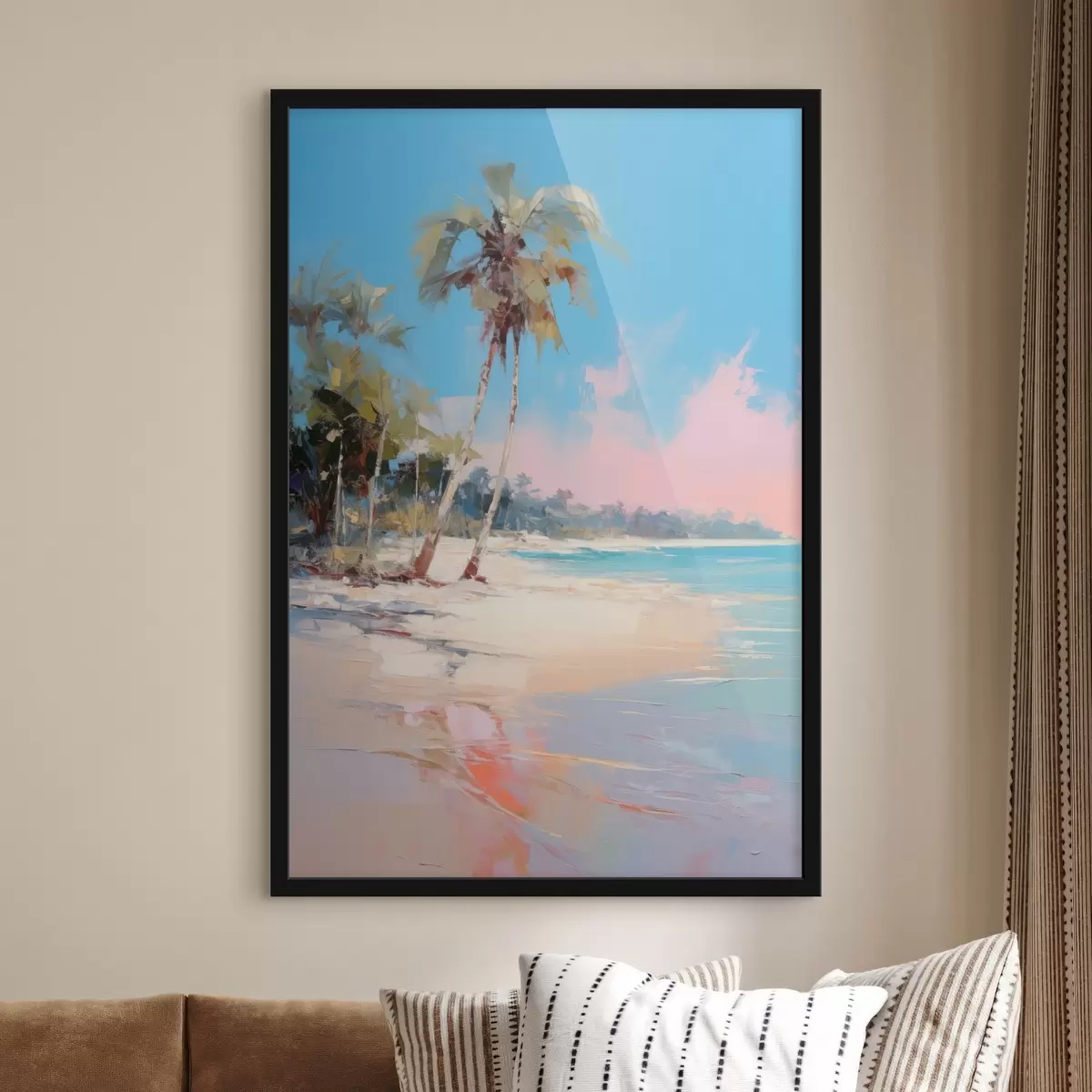 Poster Plage tropicale abstraite avec sable blanc et palmiers, ciel bleu avec nuages blancs f46285