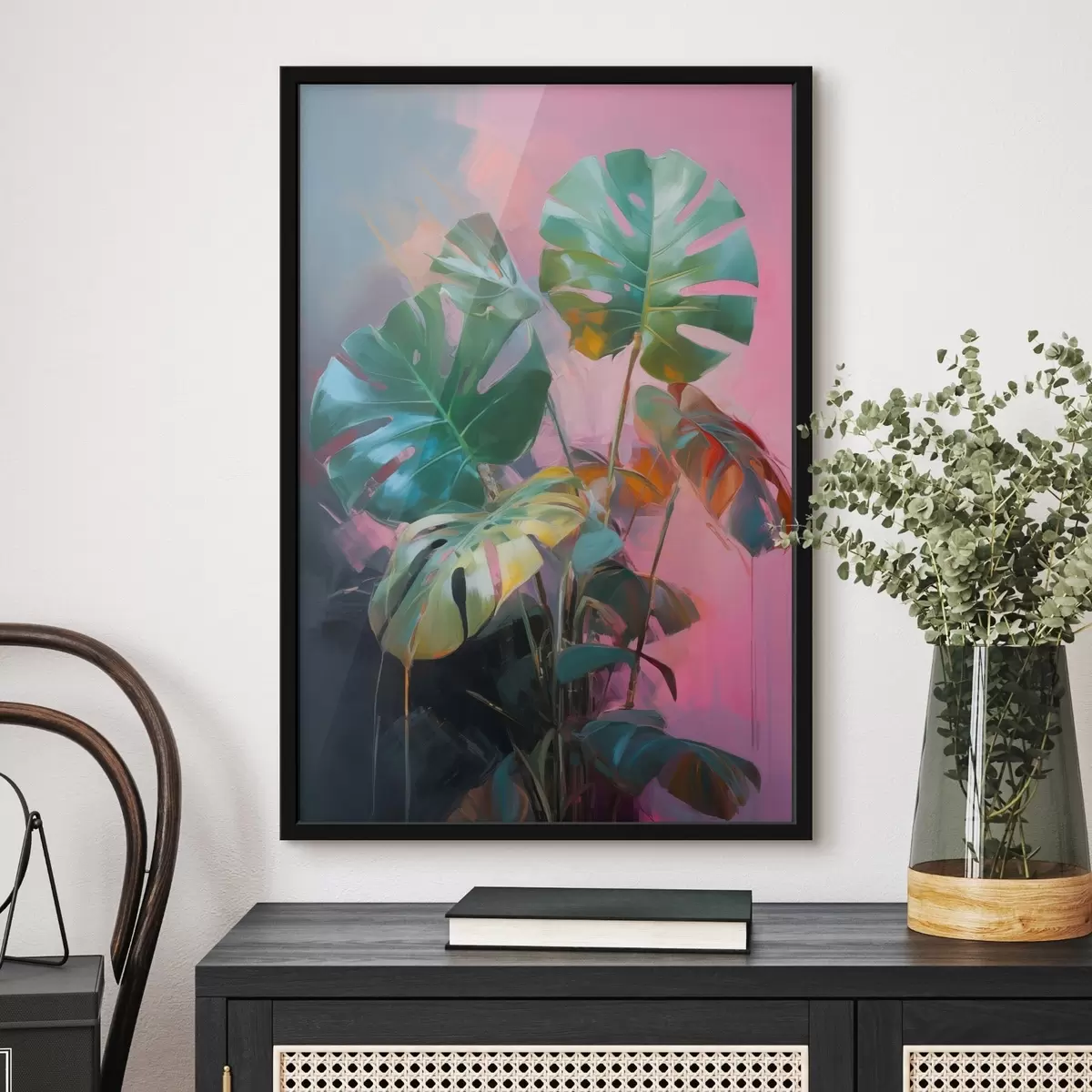 Poster Plante abstraite monstera aux feuilles d'un vert éclatant, sur fond de douces teintes roses et violettes f46286