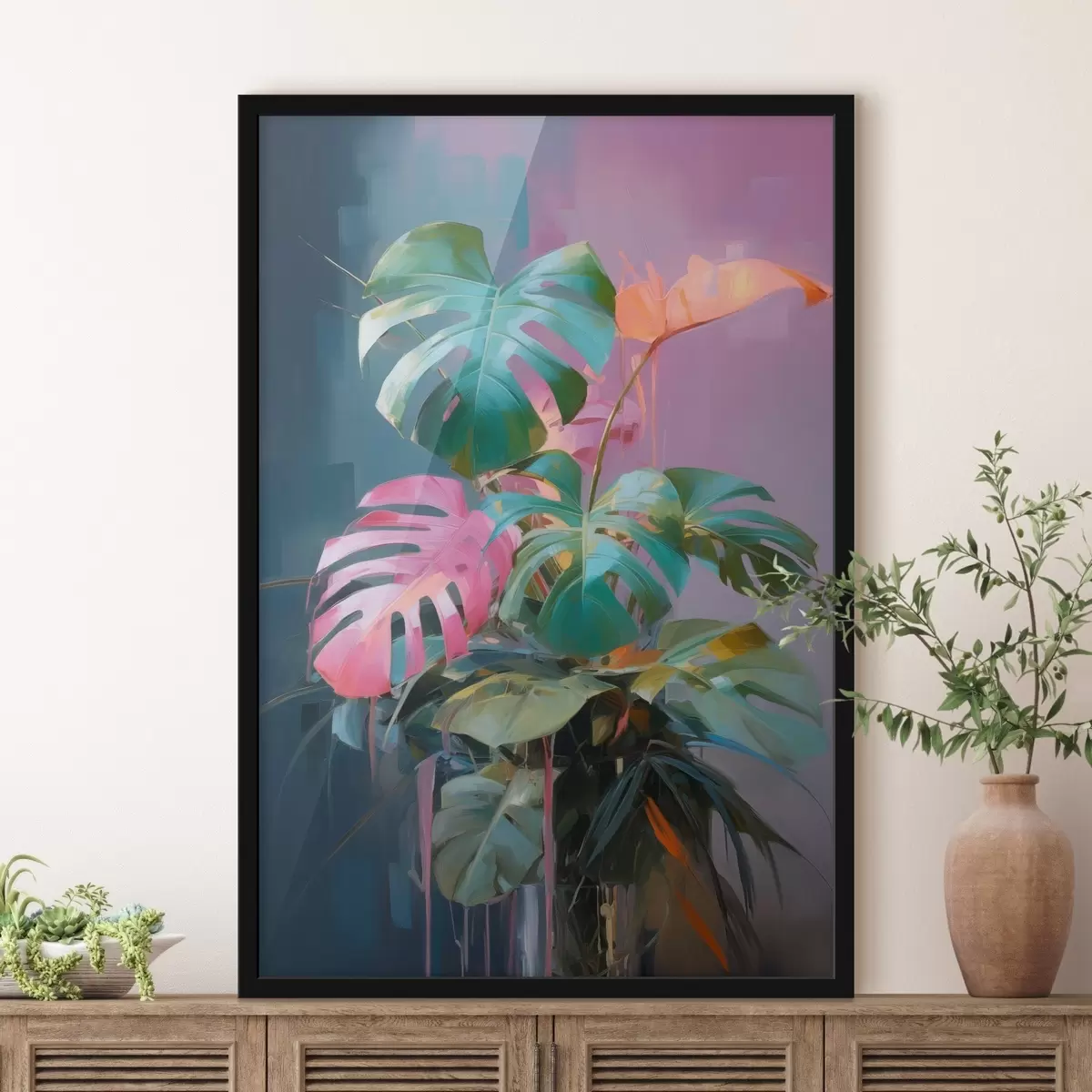 Poster Plante abstraite monstera aux feuilles roses et vertes, aux couleurs vives, sur fond flou f46287