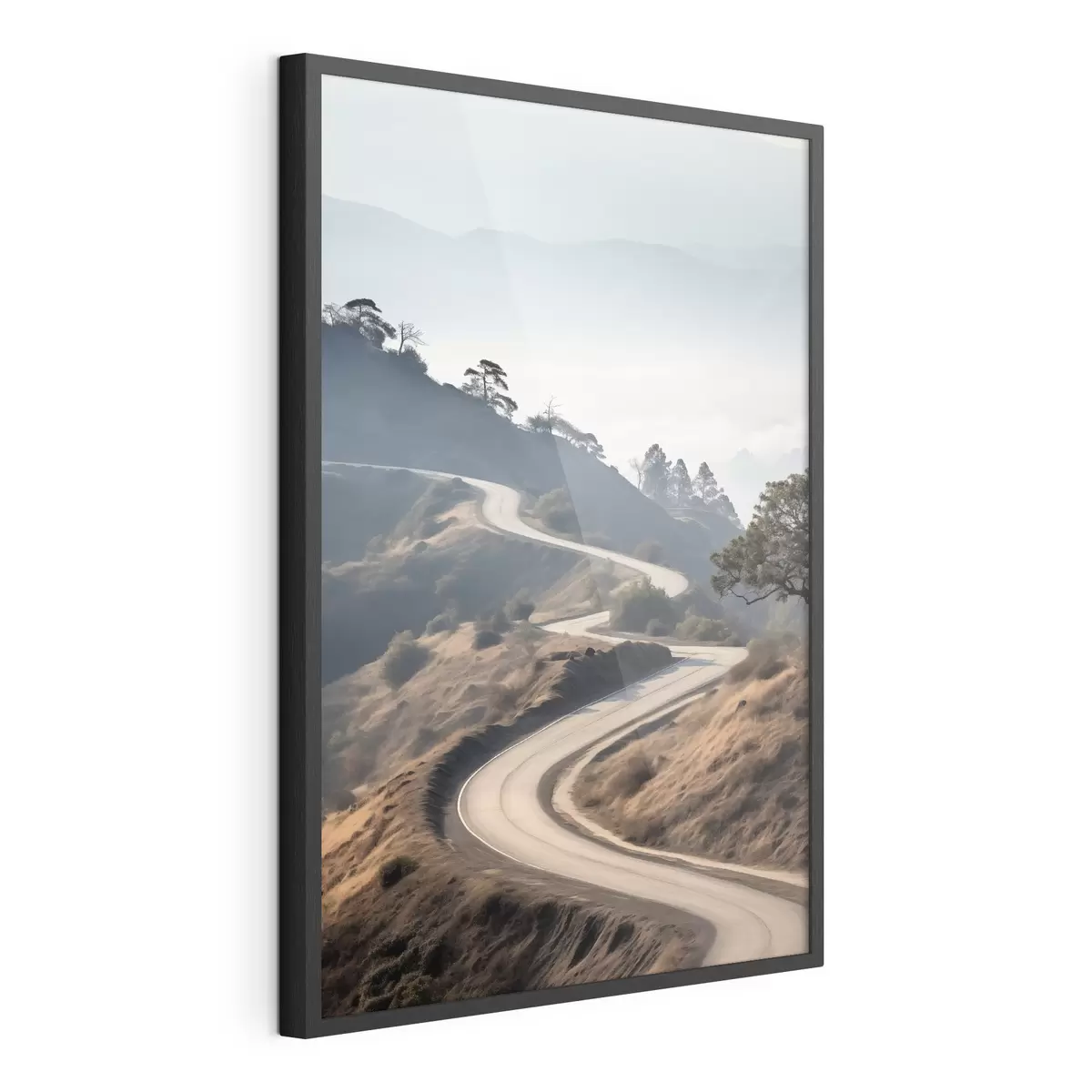 Poster Une route sinueuse à travers un paysage vallonné recouvert d'herbe sèche, sous un ciel clair, avec des montagnes au loin f46289