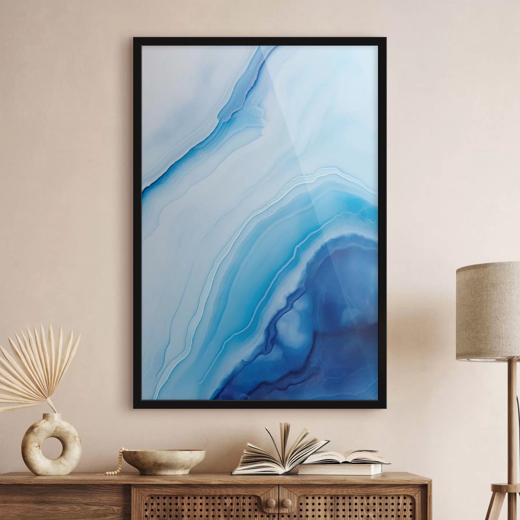 Papier peint Imprimé abstrait bleu et blanc agate, lignes tourbillonnantes et dégradés, texture lisse, art moderne, minimaliste f46290