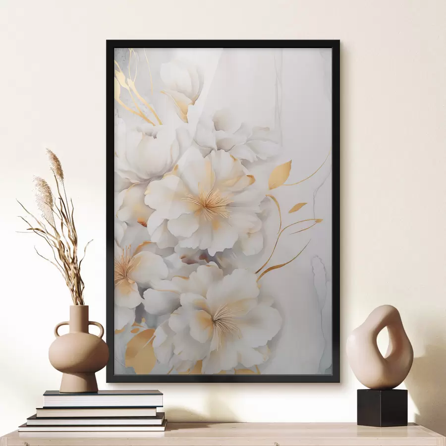 Papier peint Fleurs blanches avec des détails jaunes, pétales avec des ombres subtiles, fond clair avec un effet marbré subtil f46292