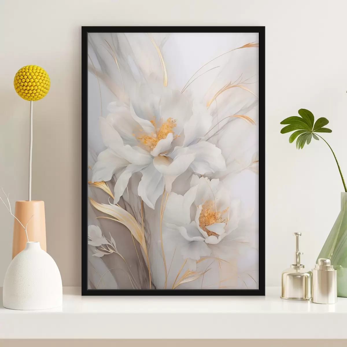 Poster Fleurs blanches avec pistils et tiges jaunes, pétales délicats, composition élégante, fond neutre f46293