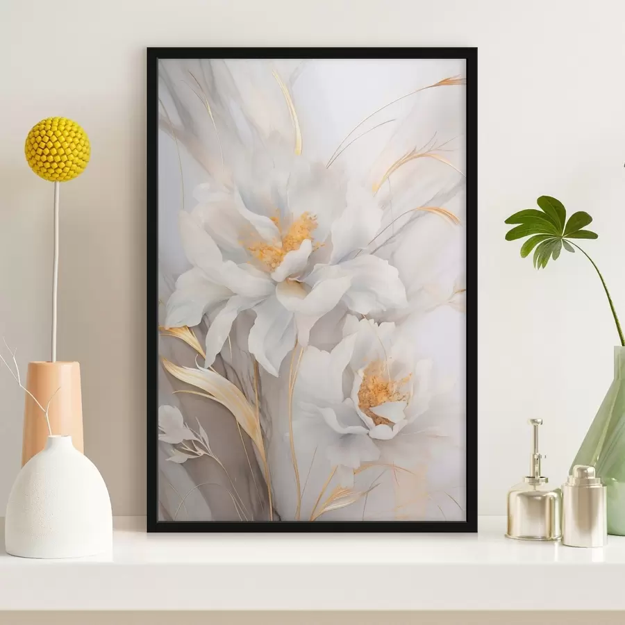 Papier peint Fleurs blanches avec pistils et tiges jaunes, pétales délicats, composition élégante, fond neutre f46293