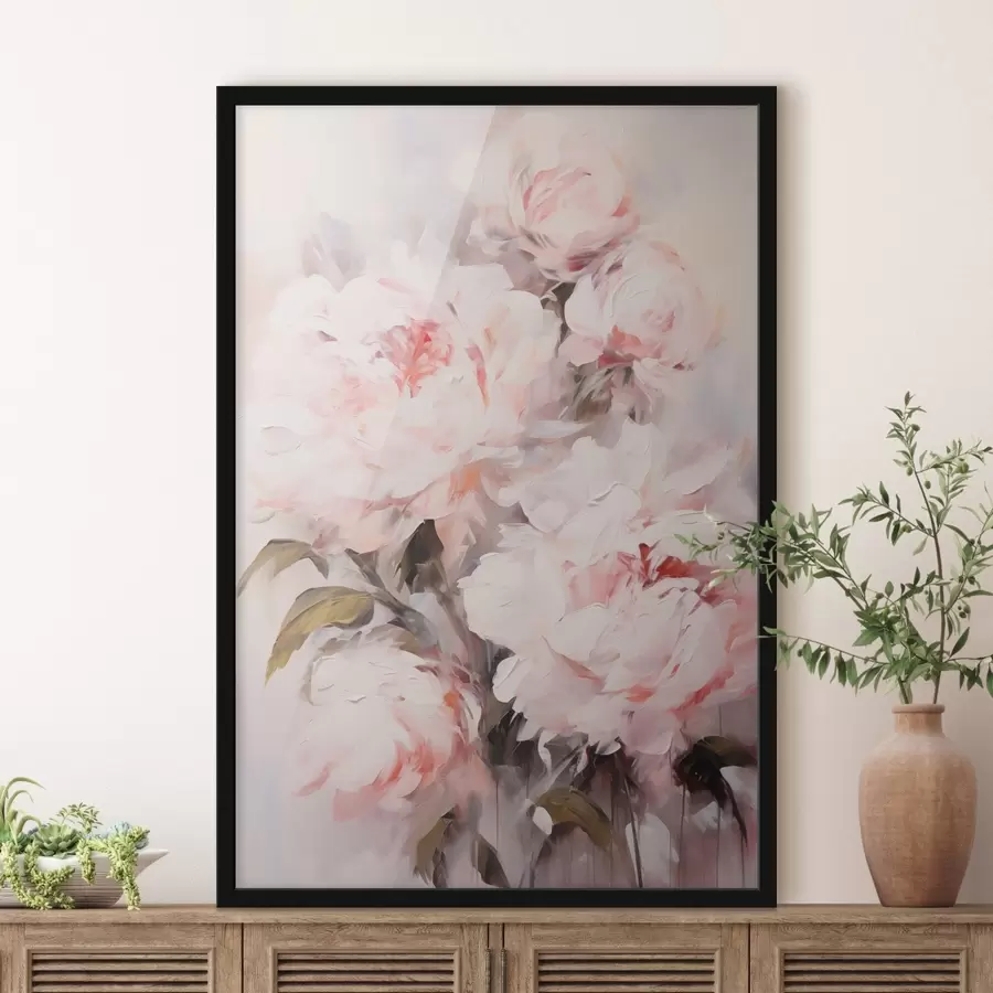 Papier peint Bouquet de pivoines rose pâle avec des feuilles vertes, coups de pinceau doux, couleurs pastel, sur fond clair f46294