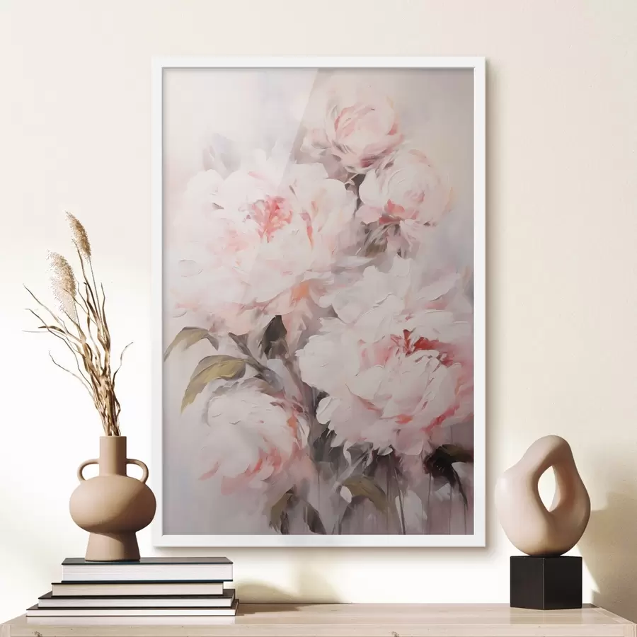 Papier peint Bouquet de pivoines rose pâle avec des feuilles vertes, coups de pinceau doux, couleurs pastel, sur fond clair f46294