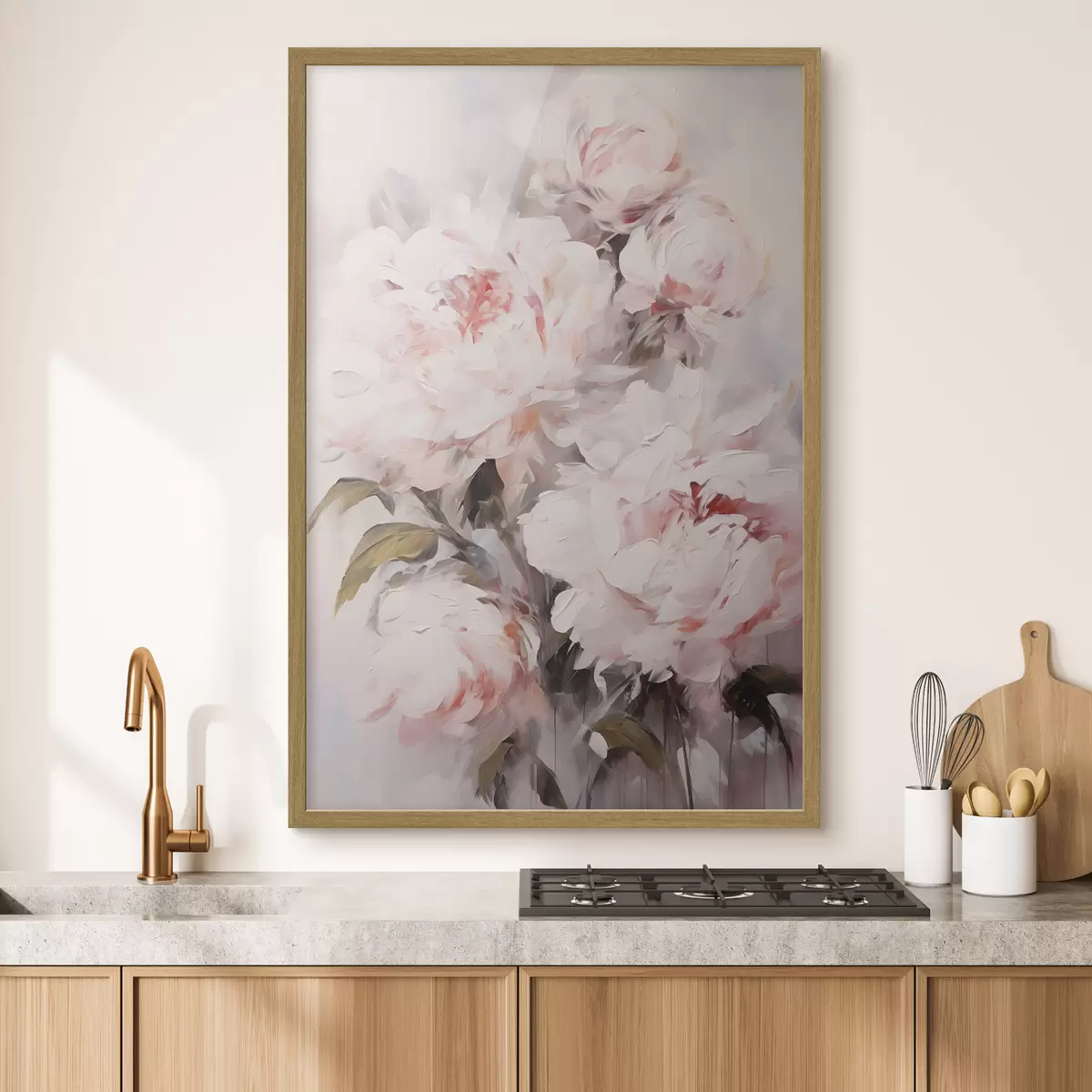 Poster Bouquet de pivoines rose pâle avec des feuilles vertes, coups de pinceau doux, couleurs pastel, sur fond clair f46294