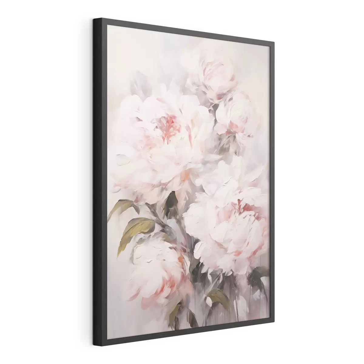 Poster Bouquet de pivoines rose pâle avec des feuilles vertes, coups de pinceau doux, couleurs pastel, sur fond clair f46294