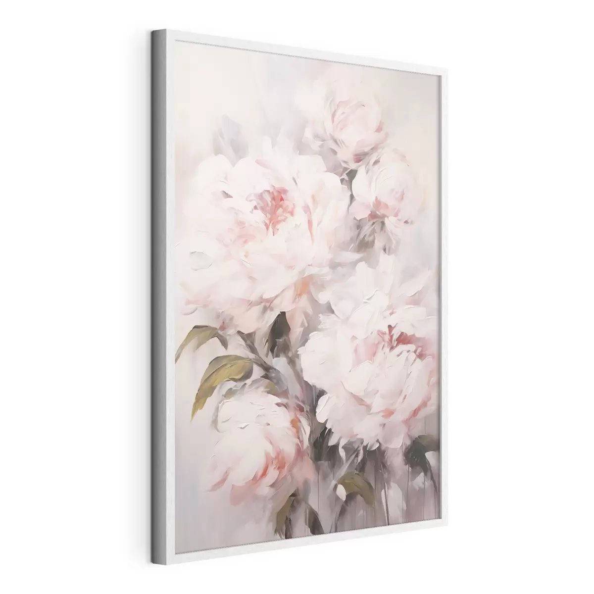 Poster Bouquet de pivoines rose pâle avec des feuilles vertes, coups de pinceau doux, couleurs pastel, sur fond clair f46294