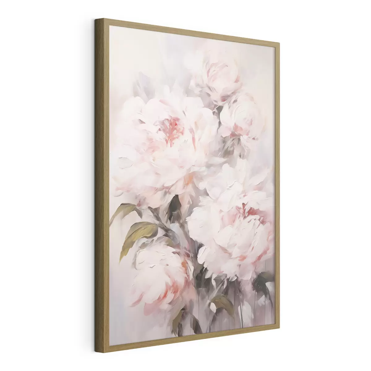 Poster Bouquet de pivoines rose pâle avec des feuilles vertes, coups de pinceau doux, couleurs pastel, sur fond clair f46294