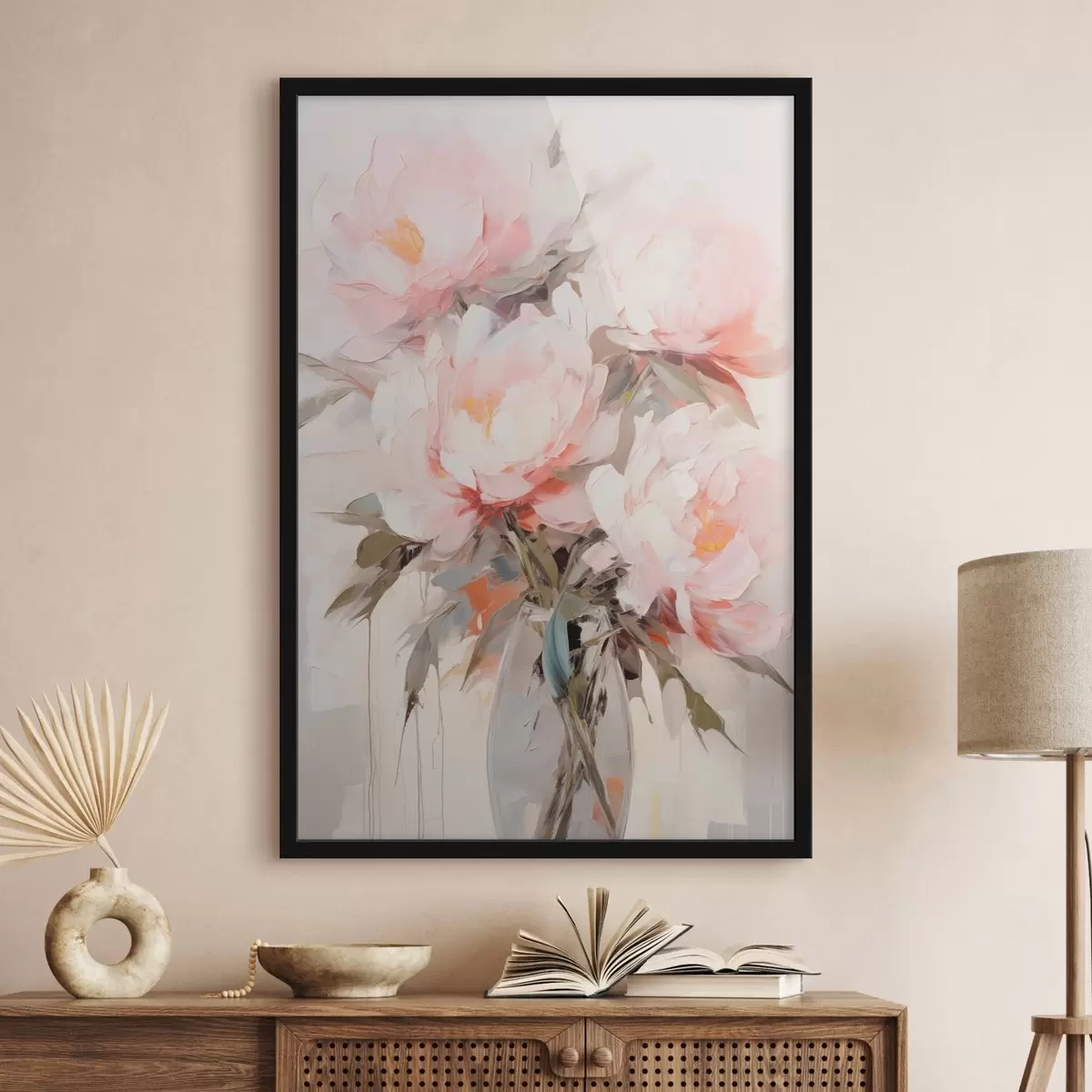 Poster Bouquet de pivoines roses et blanches dans un vase en verre, coups de pinceau doux, couleurs pastel, fond neutre f46295