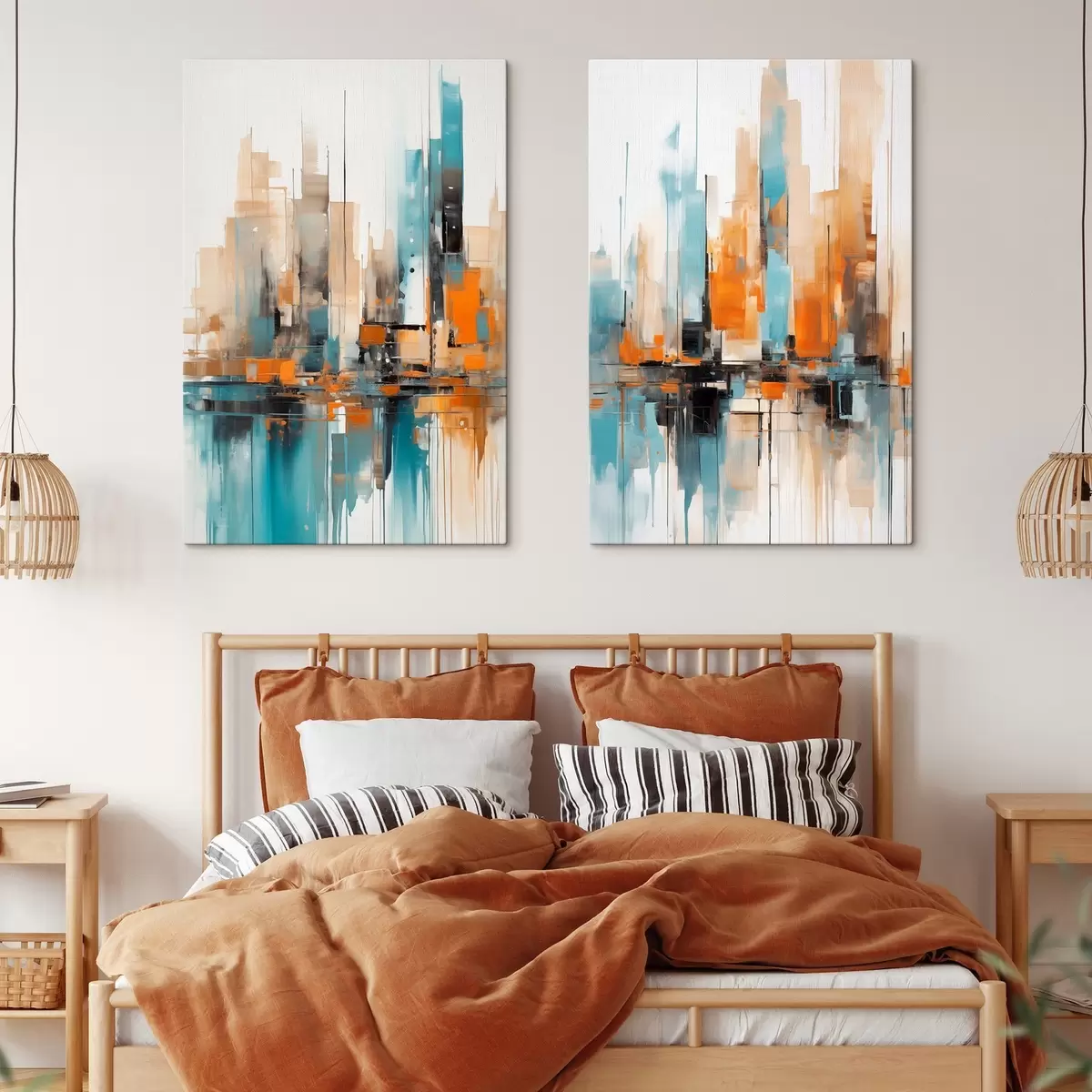 Tableau Paysage urbain abstrait avec des coups de pinceau verticaux dans des tons orange, bleu et blanc, style pictural m00876