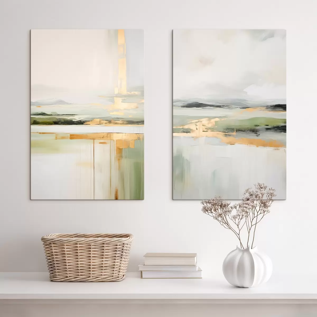 Tableau Paysage abstrait avec des accents jaunes, une composition minimaliste de terre, d'eau et de ciel, avec des couleurs douces m00877