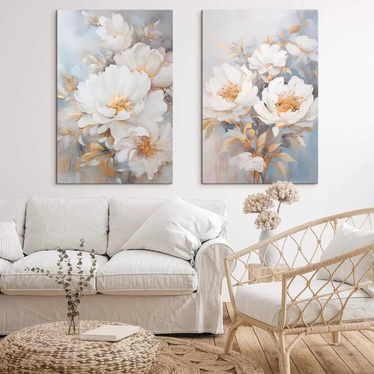 Tableau Pivoines blanches avec centre et feuilles jaunes, coups de pinceau doux, fond bleu clair, composition florale m00878