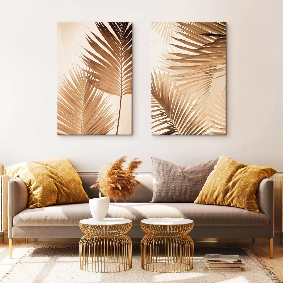 Tableau Feuilles de palmier dans des tons bruns, fond neutre, style minimaliste, éclairage naturel, ambiance tropicale m00880